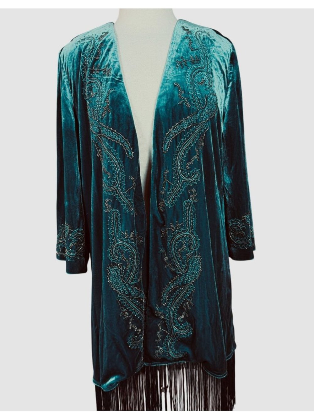 Chicos Travelers Collection 3/4 Sleeve Embellished Teal Velvet Kimono 12/14